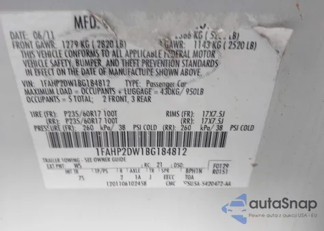 2011 Ford Taurus Se from USA, damaged, VIN 1FAHP2DW1BG184812